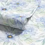 Blue floral wallpaper with watercolour anemone blooms, mint sage leaves and yellow ochre centres on white