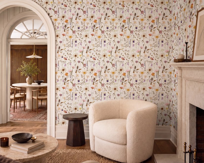 Cute spring wallpaper with pressed ivory, pink, blue and yellow wildflowers on a white ground