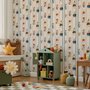 Cartoon wallpaper with rabbits, mice, a crowned fox and lambs in costumes between wavy blue stripes
