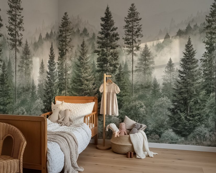 Misty mountain wallpaper mural with tall pine trees, layered green forest and pale foggy ridges