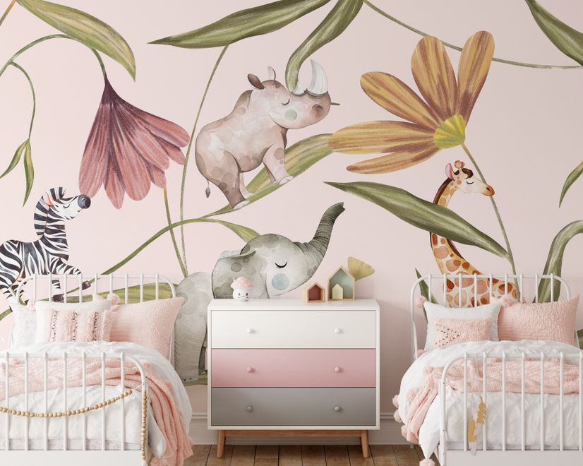 Nursery Tropical Animals with Flowers Wallpaper Mural