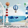Aquarell-Leuchtturm mit Heißluftballons Fototapete