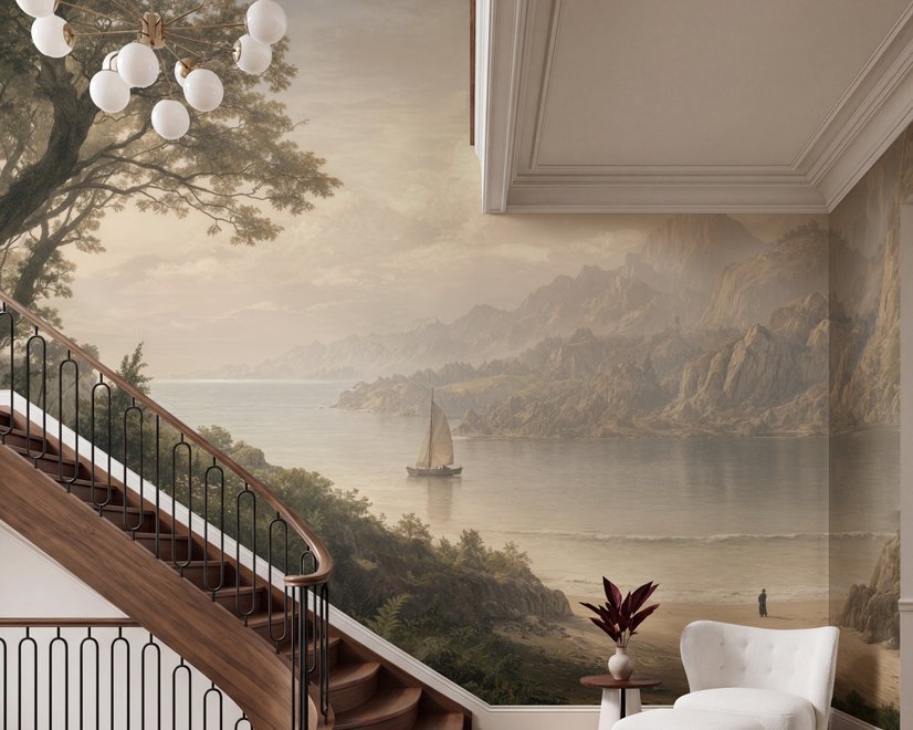 Landscape wallpaper mural with sepia coastal mountains, sailboat, beach figure and foreground tree