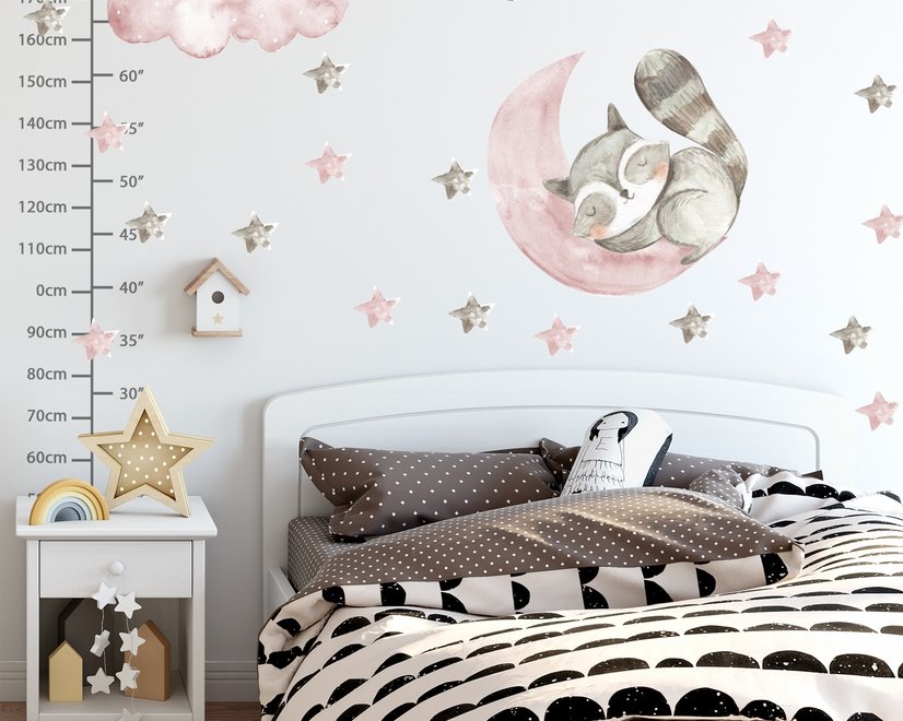Nursery Cute Raccun and Watercolor Pink Gray Stars Wall Decal Sticker
