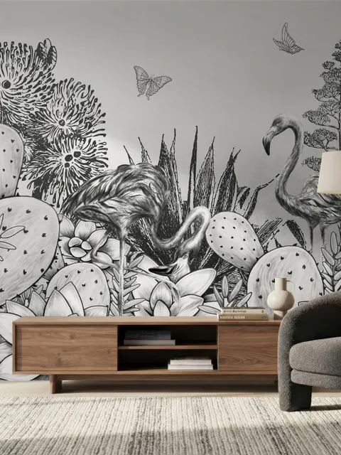 Monochrome Kaktus Floral mit Flamingo Zeichnung Fototapete