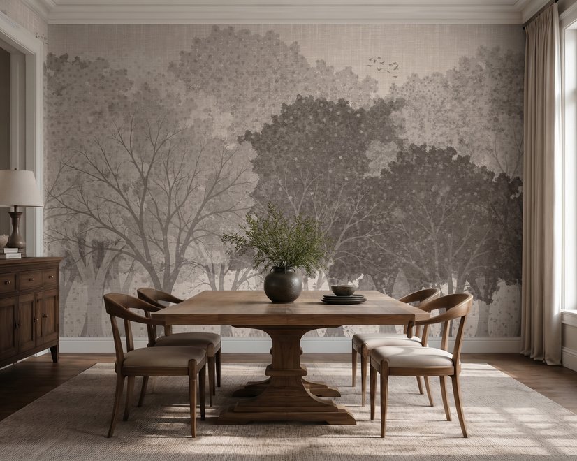 Misty forest nature wallpaper mural in greige, taupe and charcoal watercolour with birds