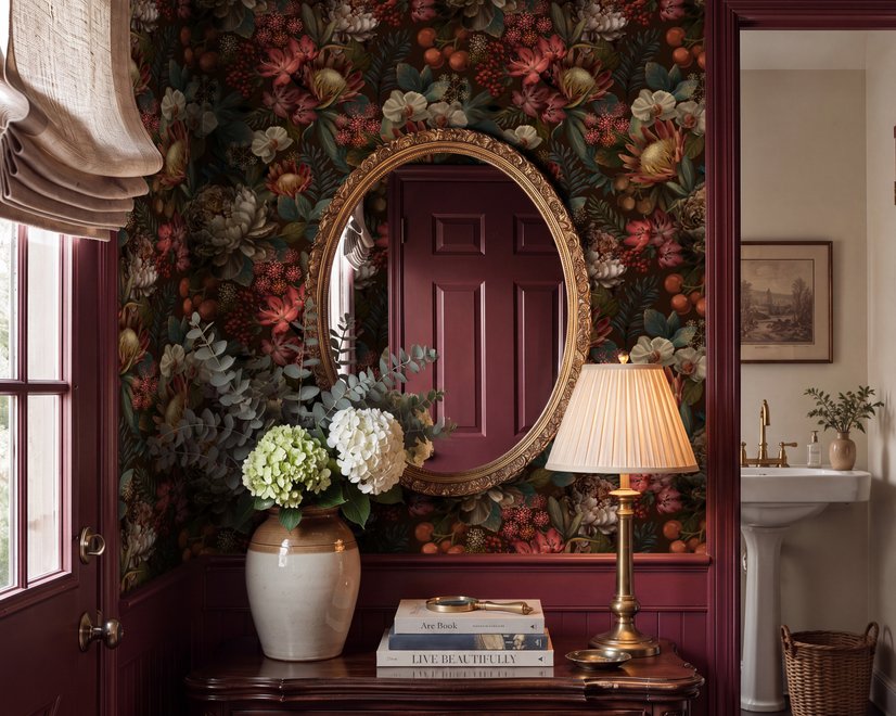 Dark moody floral wallpaper with cream peonies, coral lilies, berries and green foliage on chocolate brown