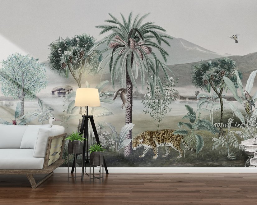Vintage Exotische Landschaft mit Wildtieren Fototapete