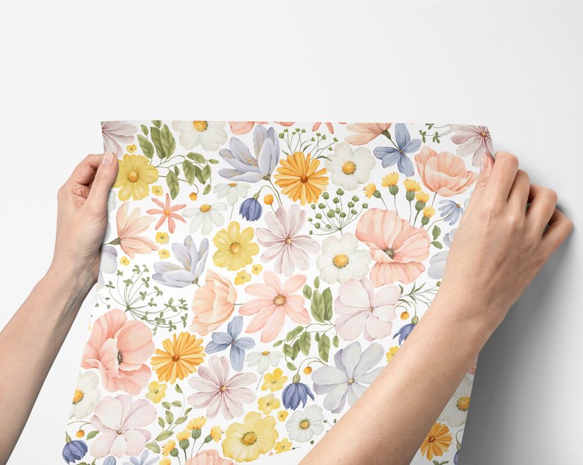 Spring floral wallpaper with pastel watercolour flowers and sage leaves on a clean white ground