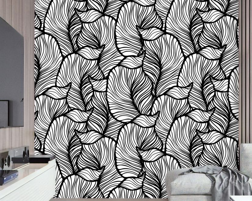 Golden Look Stylish Leaf  Line Art Wallpaper Mural