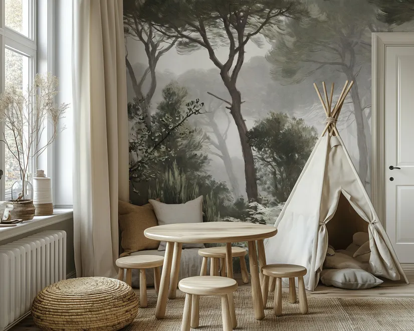 Forest in fog wallpaper with tall pine trees, grey mist, shrubs and a spiky palm in watercolour.