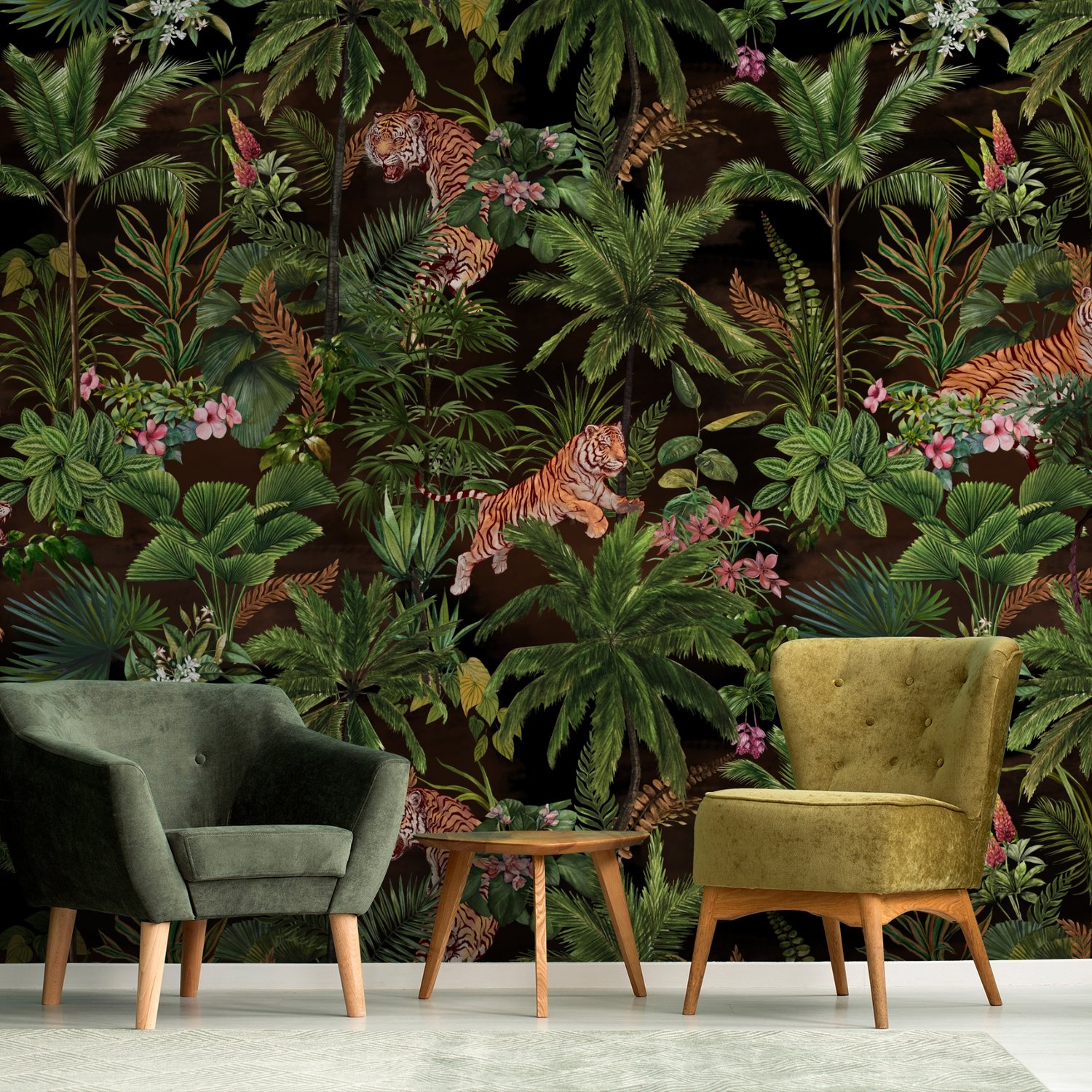 Dark Tropical Trees with Tigers Wallpaper Mural - Peel and Stick