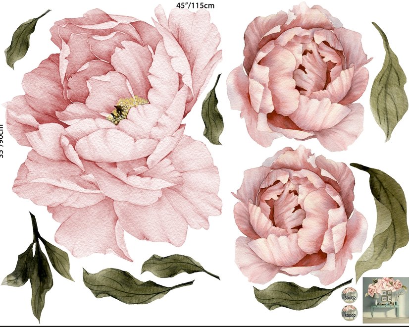 Pink Peony Florals with Green Leaf Wall Decal Sticker