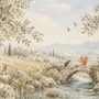 Watercolour woodland wall mural with fawn, rabbits, stone bridge, stream and distant cypress countryside