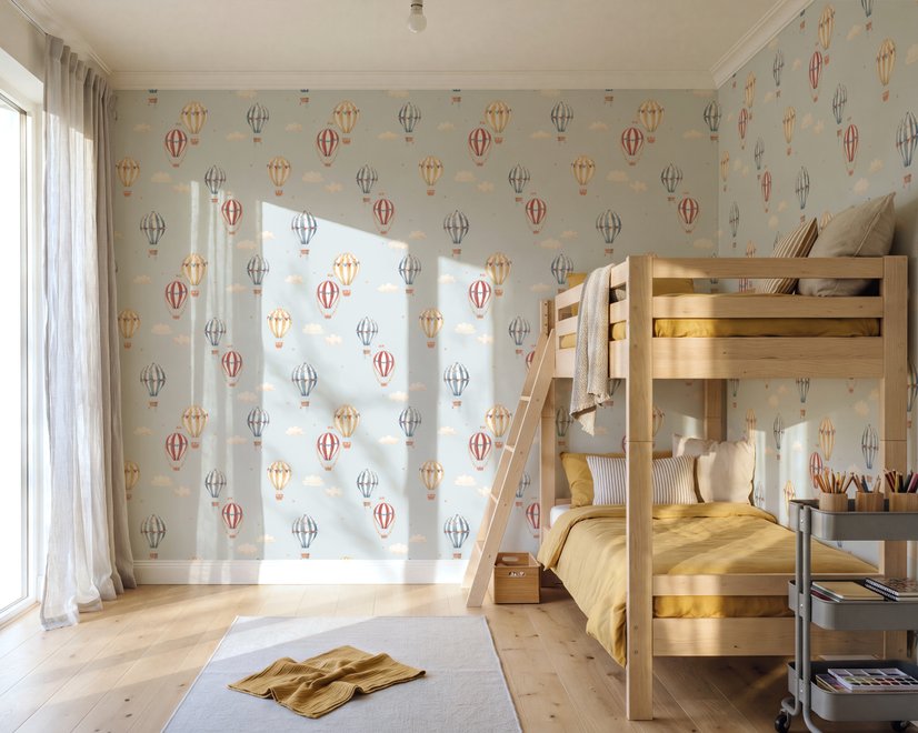 Hot air balloon wallpaper with watercolor balloons, ivory clouds and peach gold stars on pale powder blue