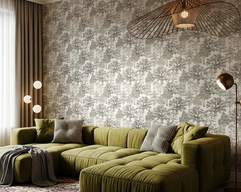 Monochrome wallpaper with grey tree toile on a clean white ground
