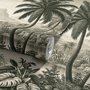 Sepia tropical landscape wallpaper with palms, banana plants, lagoon, bridge and mountains