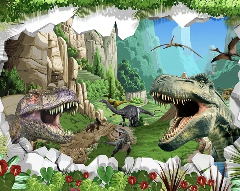 3D Look Drachen und Dinosaurier Fototapete