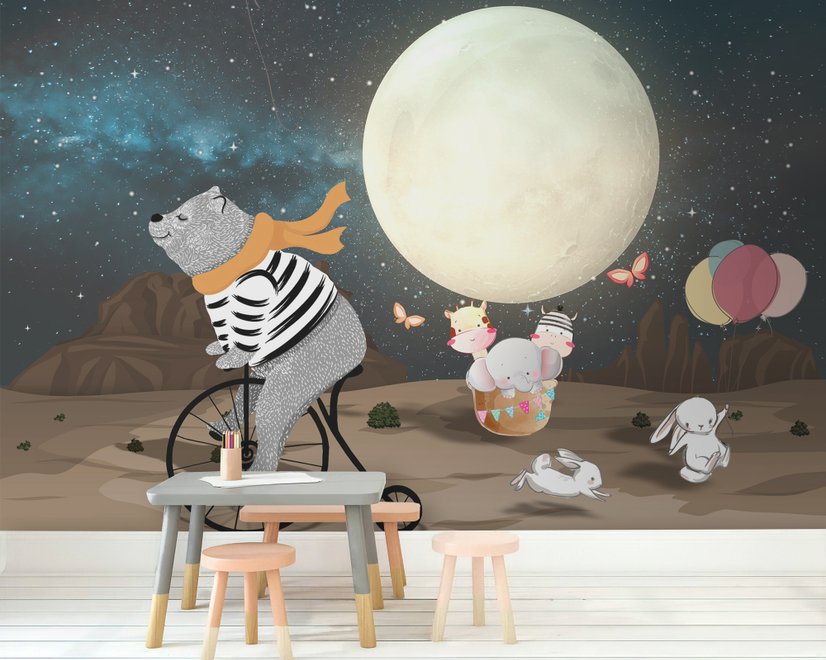 Fototapete mit Cartoon-Bär und niedlichem Kaninchen mit Mond