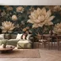 Ivory lotus flowers and seed pods on charcoal teal lily pads in a botanical lotus wallpaper mural