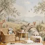 Watercolour woodland wall mural with fawn, rabbits, stone bridge, stream and distant cypress countryside