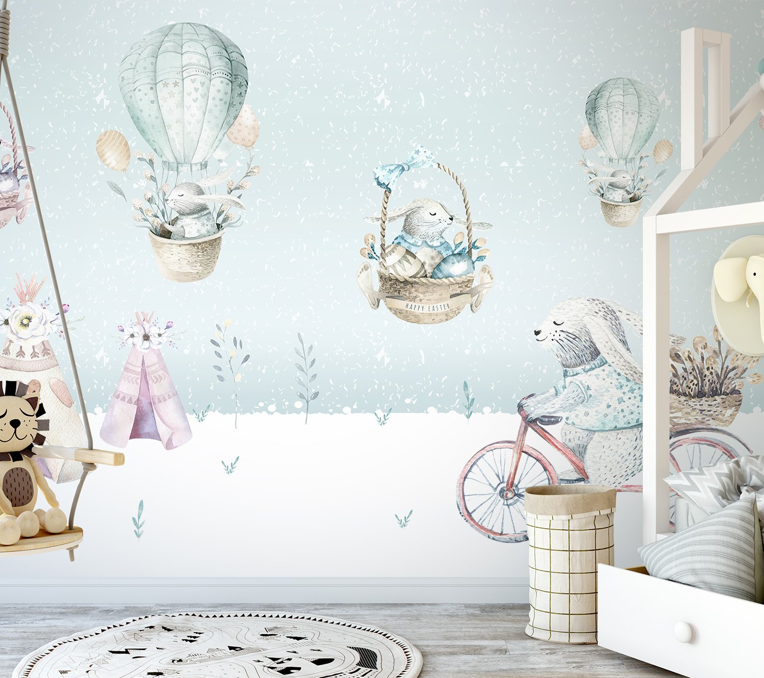 Cartoon Winterscape and Squirrels with Hot Air Balloons Wallpaper Mural - Peel and Stick