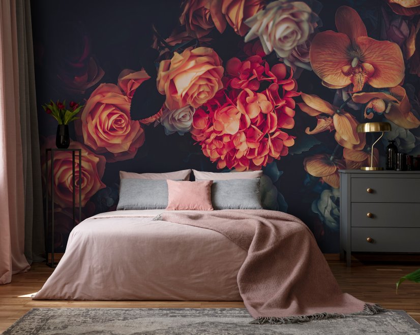 Papier peint bouquet floral sombre orchidée orange hortensia rose
