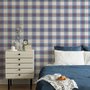 Blue and red plaid wallpaper with denim blue, cream and sky blue woven checks and fine red stripes