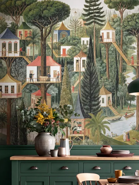 Architectural design wallpaper mural of forest treehouses, rivers, boats and small figures in green watercolour