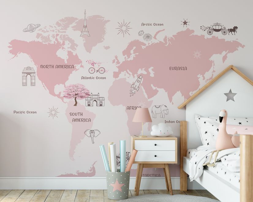 Pour les filles Papier peint panoramique de la carte du monde en monochrome rose
