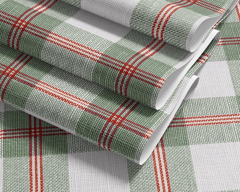 Sage green and cream-white tartan plaid wallpaper with deep red stripes and woven thread texture