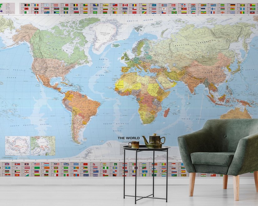Political World Map and Country Flags Wallpaper Mural