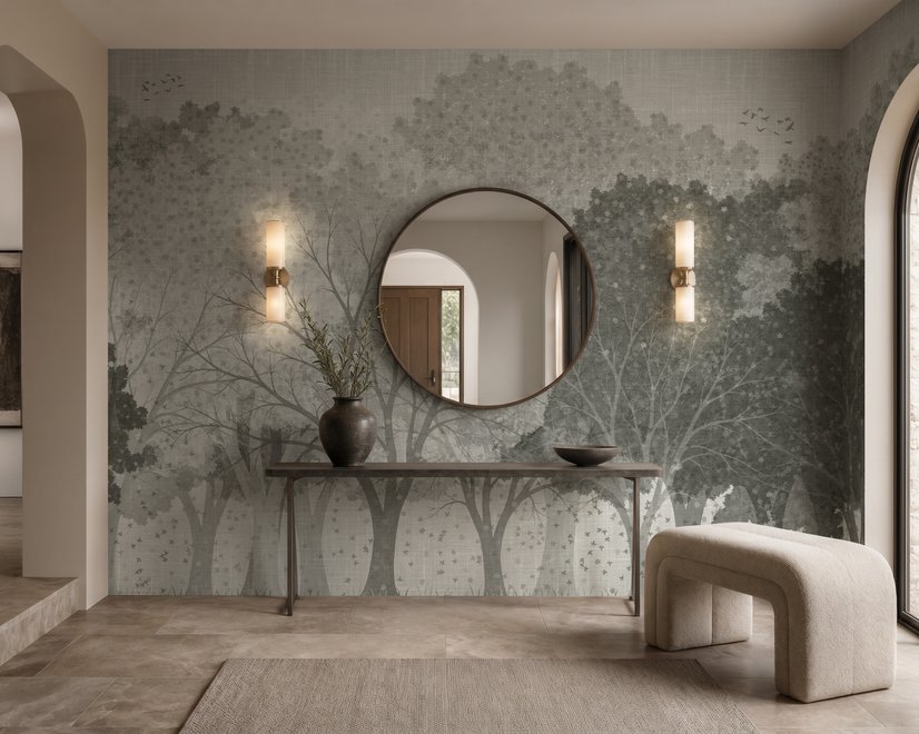 Light gray wallpaper mural with layered ink-wash woodland trees, falling leaves and birds
