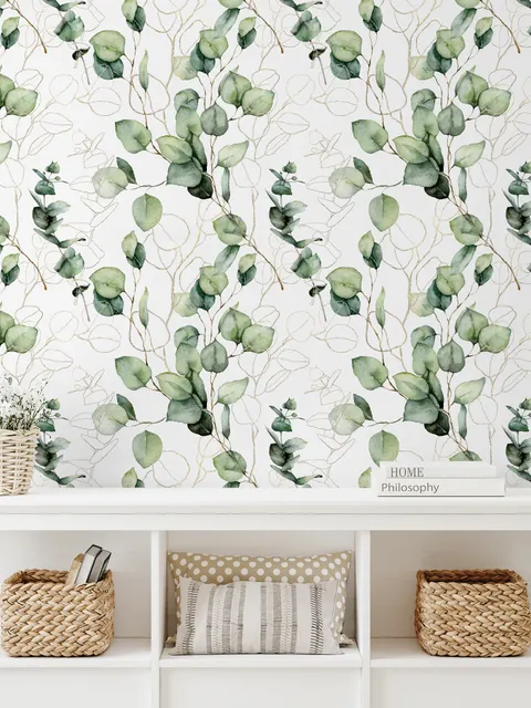 Watercolor Green Eucalyptus Leaf Wallpaper Mural