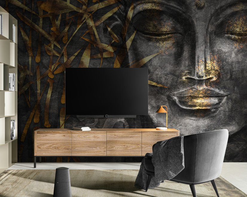 3D Look Concrete Buddha Face and Leaves Wallpaper Mural