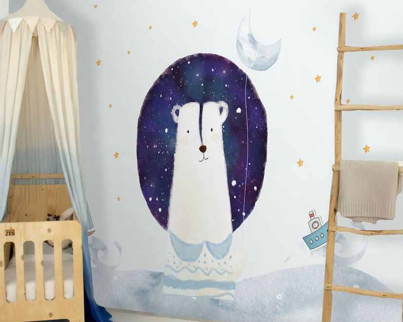 Kids Cute White Bear with Watercolor Moon and Yellow Stars Wall Decal Sticker