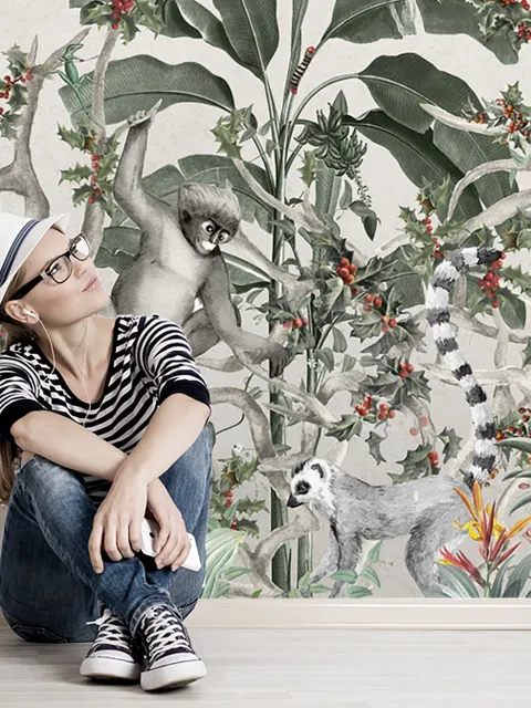 Forest with Monkey and Lemur Wallpaper Mural