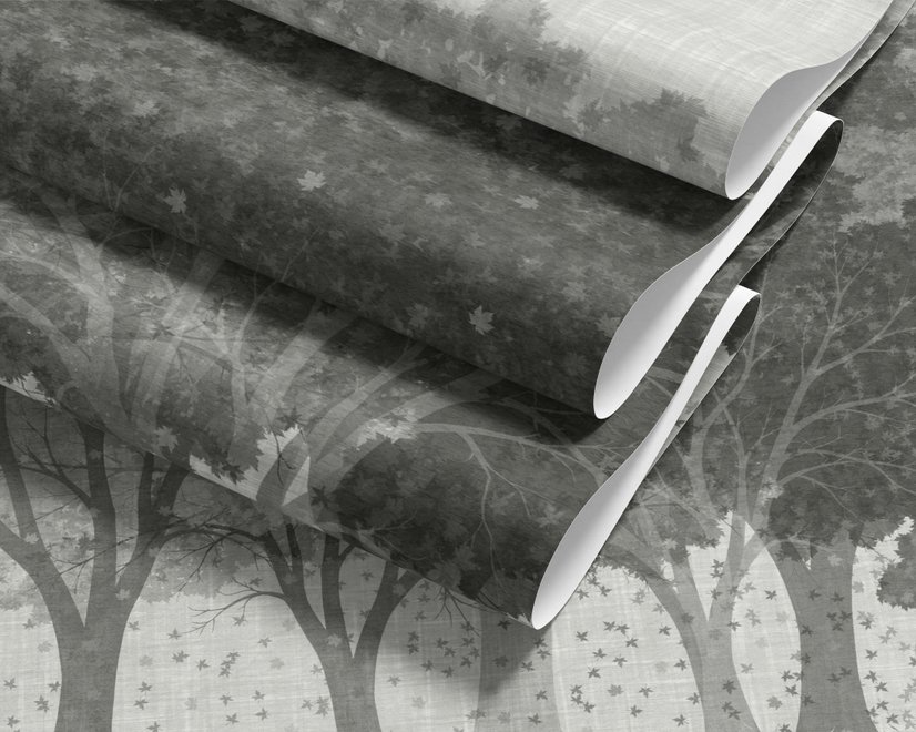 Light gray wallpaper mural with layered ink-wash woodland trees, falling leaves and birds