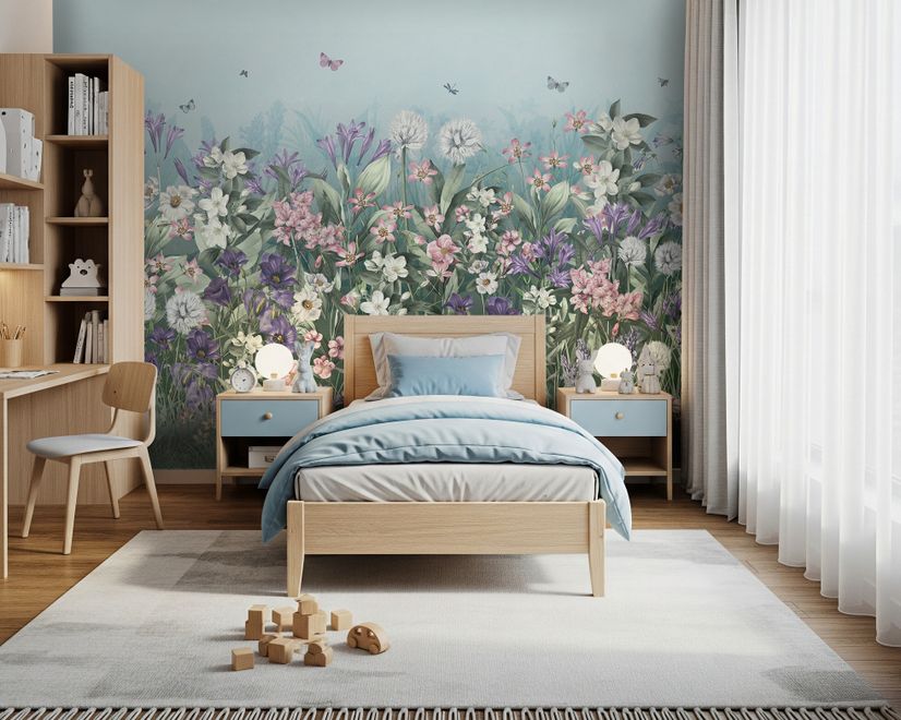 Soft Blooming Floral Meadow  Kids Wallpaper