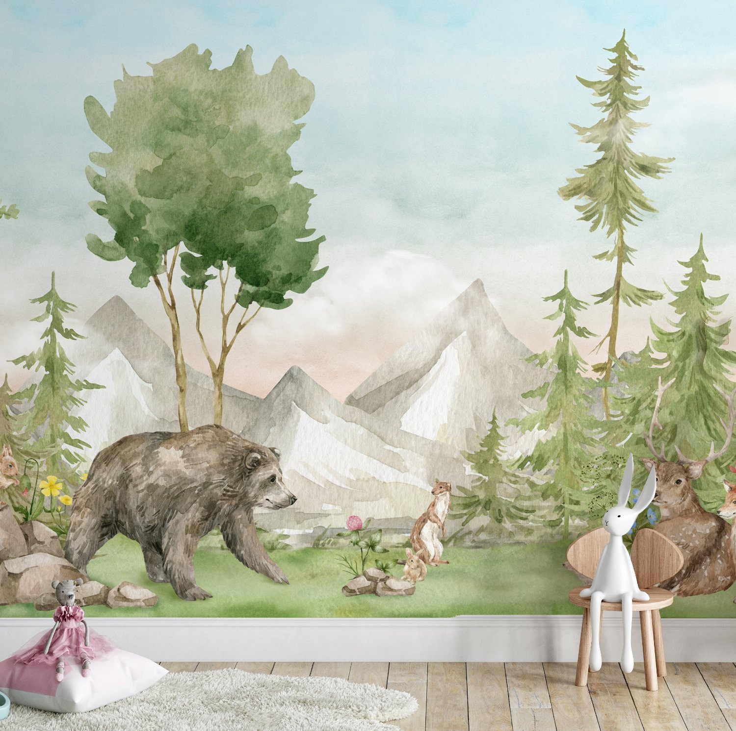 Kids Watercolor Coniferous Forest with Animals Wallpaper Mural - Peel and Stick