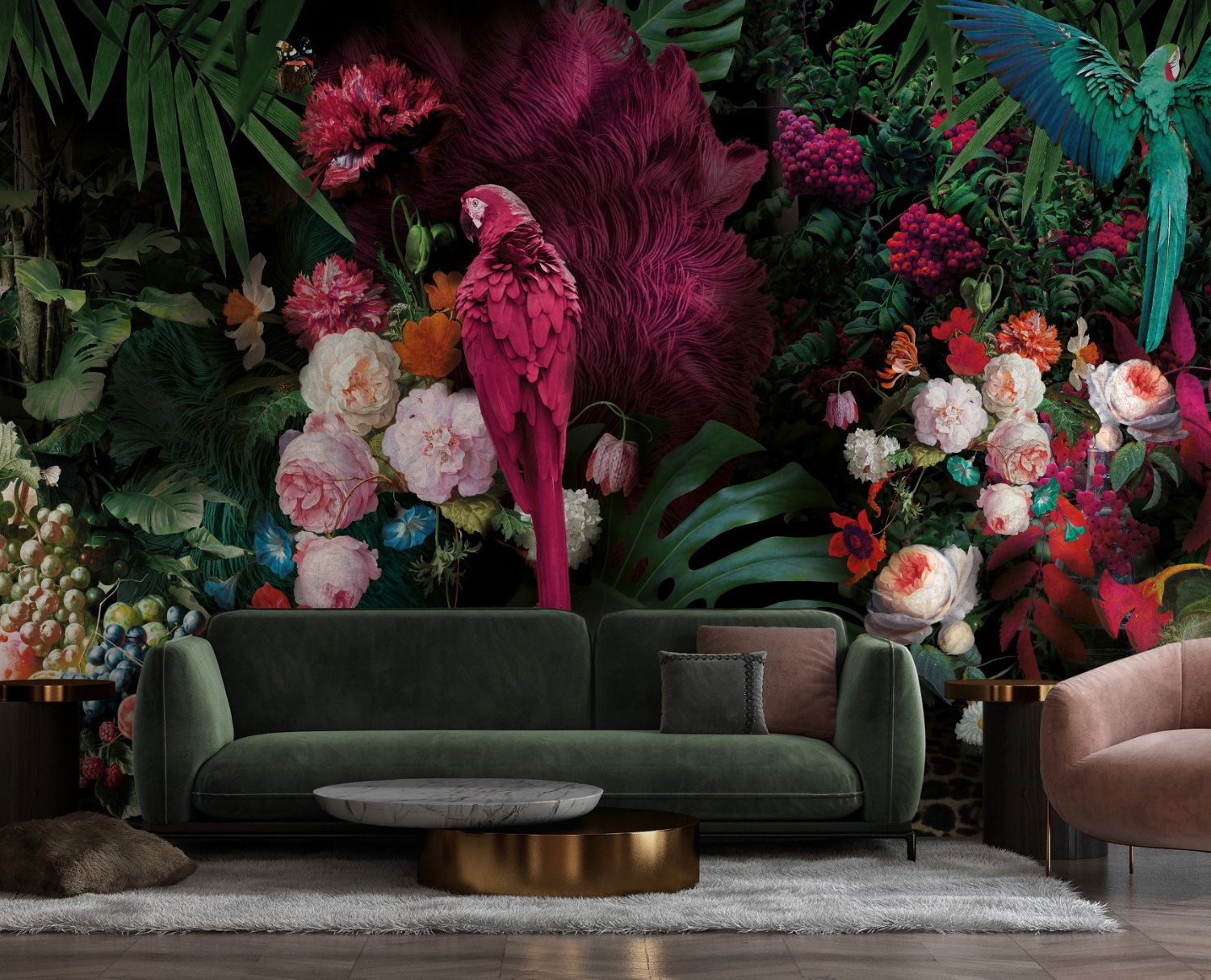 Pink Parrot with Colorful Floral Wallpaper Mural - Peel and Stick