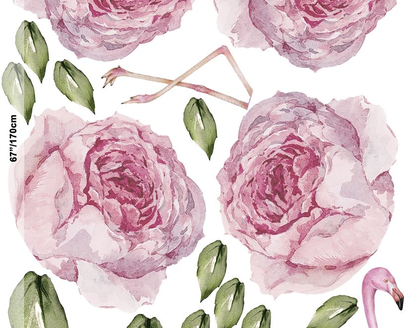 Pink Peony Floral and Flamingo Wall Decal Sticker