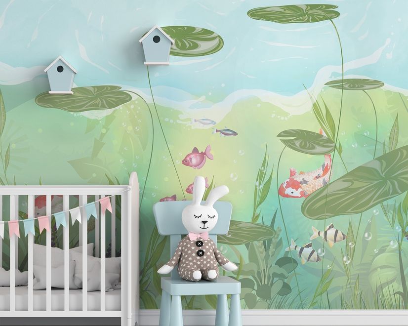 Nursery Lotus Leaf and Fish Wallpaper Mural