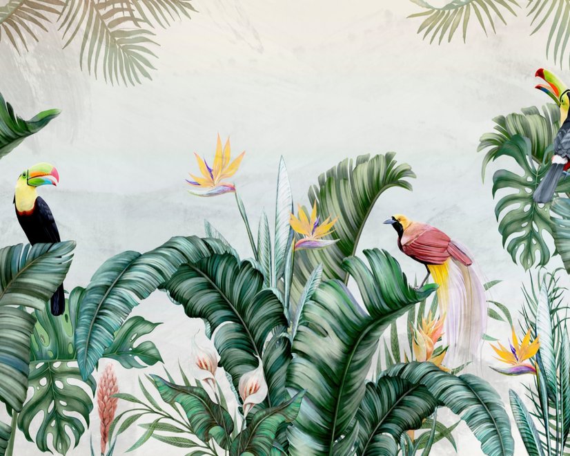 Papier peint panoramique des toucans et de la forêt tropicale