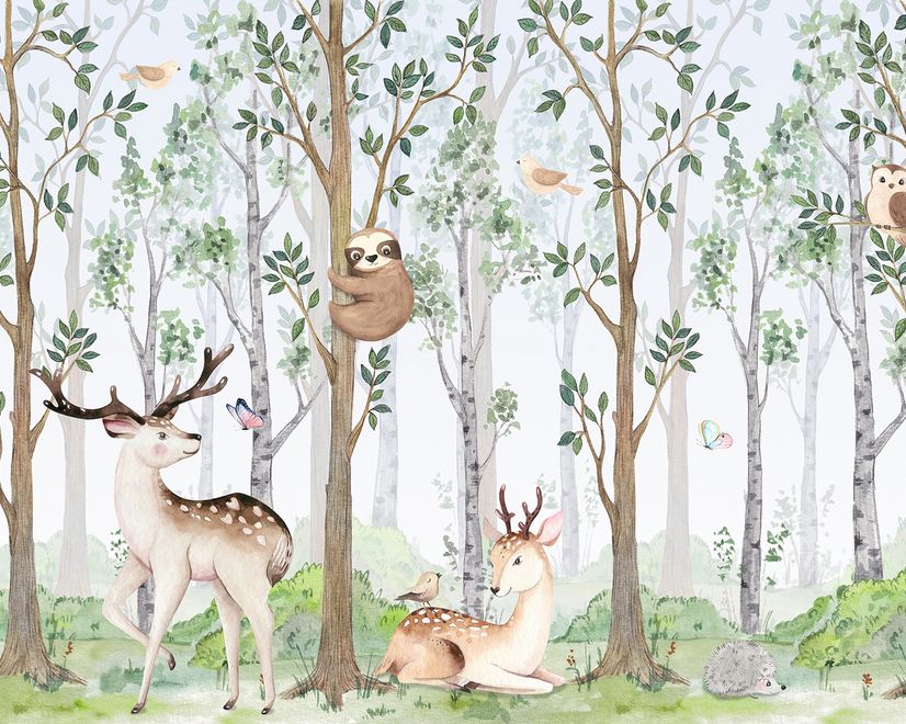 Nursery Cute Animals in the Forest Watercolor Kids Wallpaper Murals
