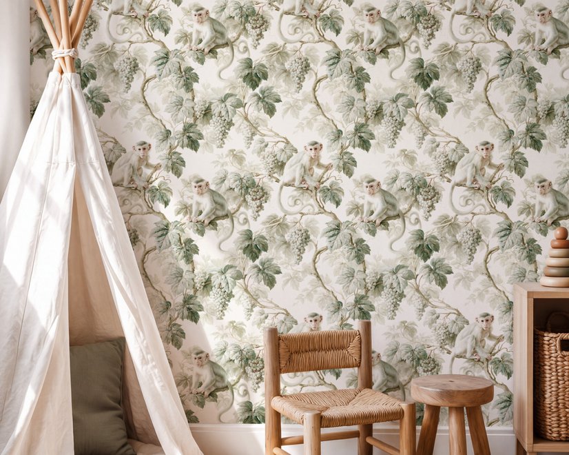 Vintage nature wallpaper with pale monkeys, sage grape leaves, white grape clusters and taupe vines on ivory.