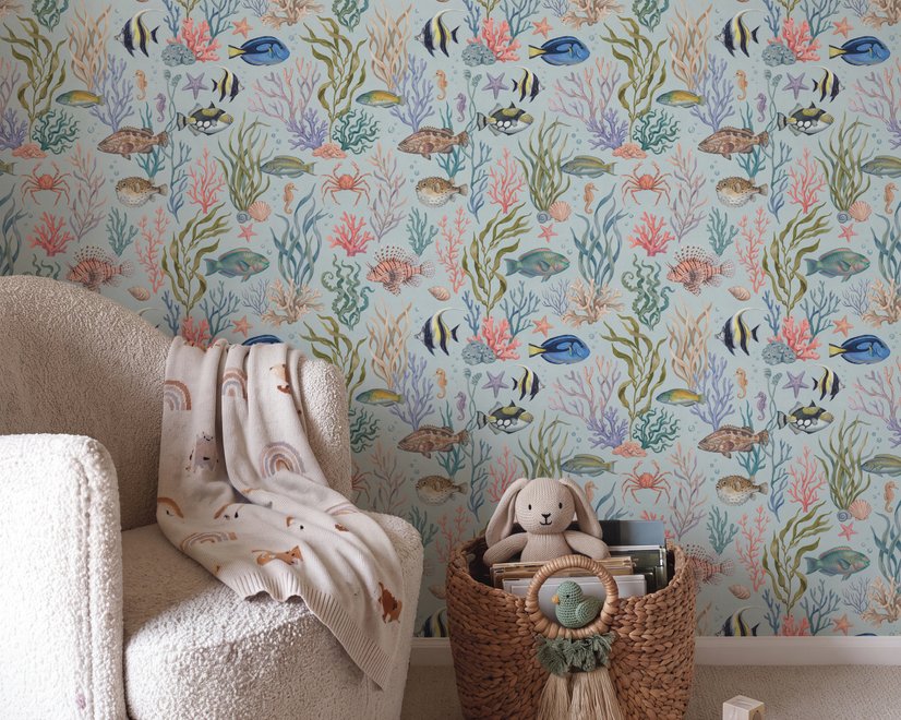 Modern coastal wallpaper with watercolour tropical fish, coral, seaweed, shells and bubbles on light aqua-blue
