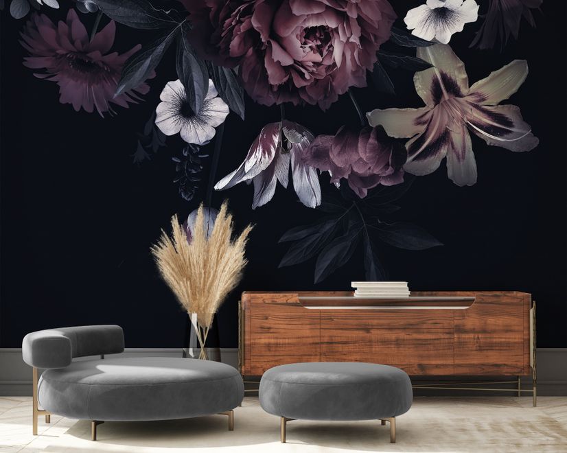 Papier peint floral sombre pivoine cramoisie