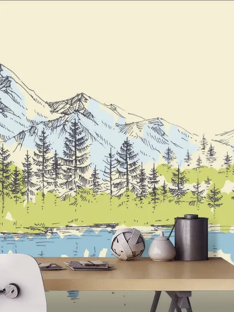 Charcoal Mountain Landscape with Lake and Pine Trees Wallpaper Mural