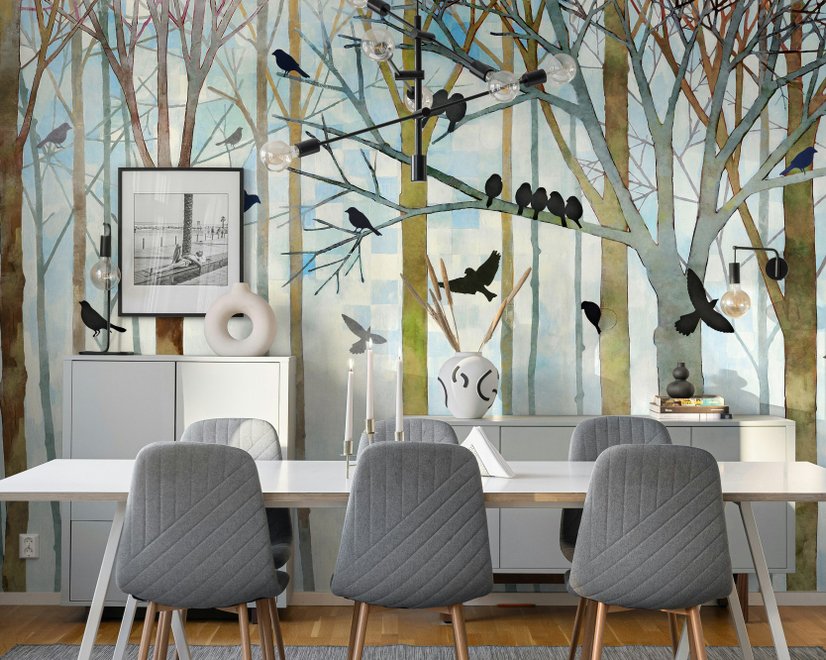 Vintage Abstract Forest and Black Bird Wallpaper Mural